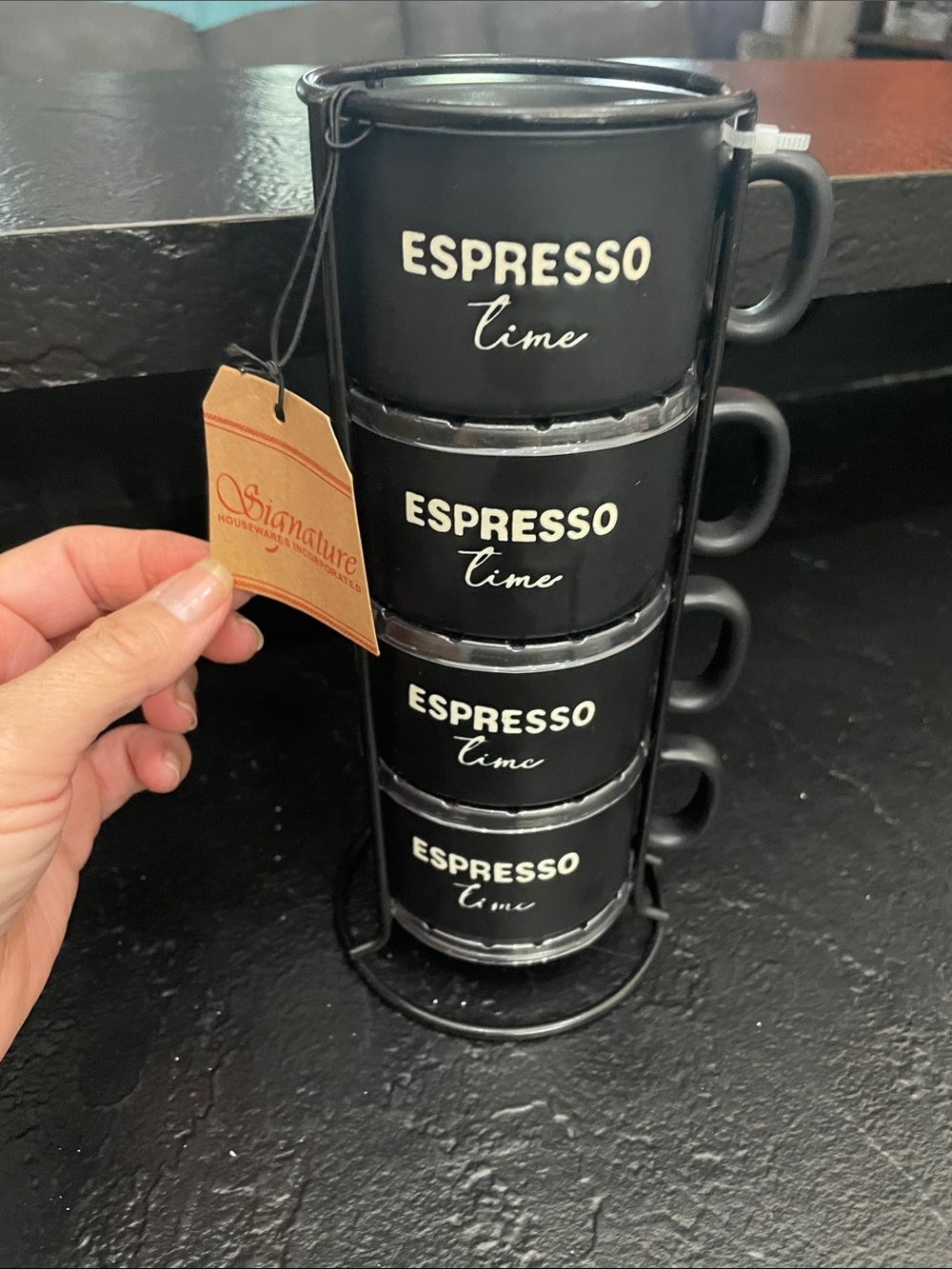 New Signature Black "Espresso Time" Stackable Espresso Cup Set with Rack